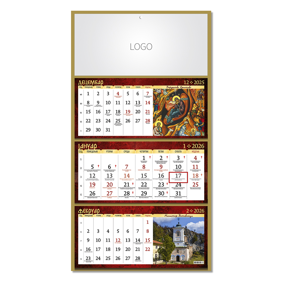 Zidni kalendar: 3 x 12 listova, tromesečni, trodelni